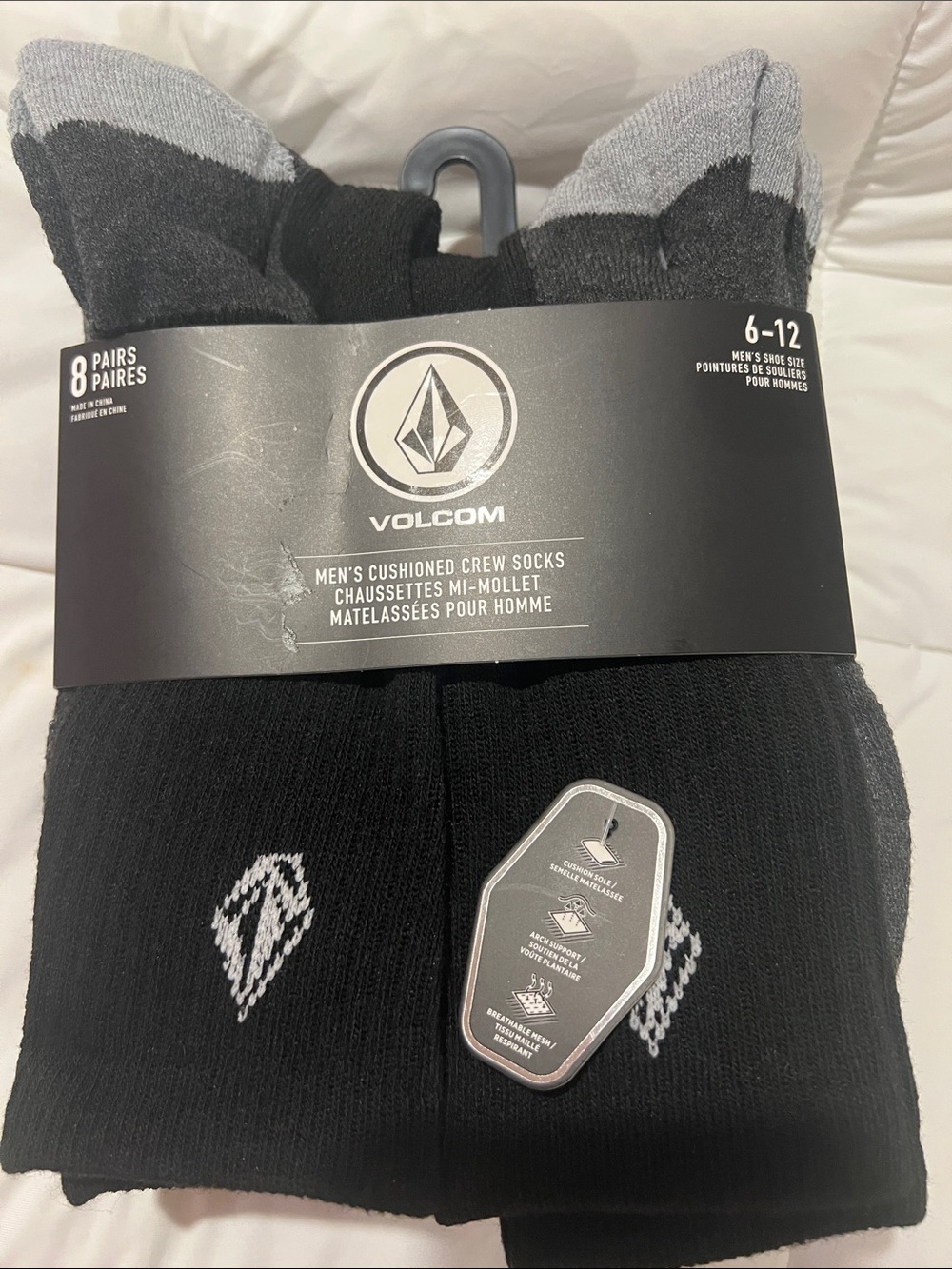Volcom Men's Cushioned Crew Socks in Black and Gray - 8 Pack